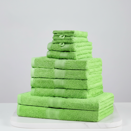 Green 10-piece textured towel set stacked together