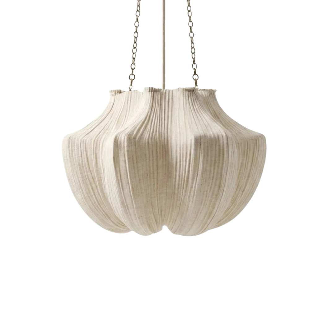 Beige ribbed pendant lamp with chain suspension