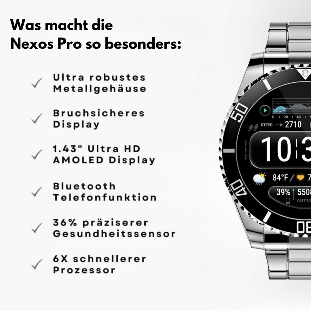 Smartwatch with a metal link bracelet and chronograph-style dial