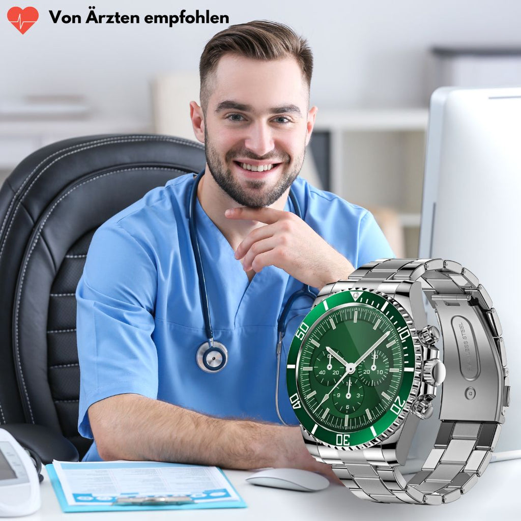 Smartwatch with a metal link bracelet and chronograph-style dial