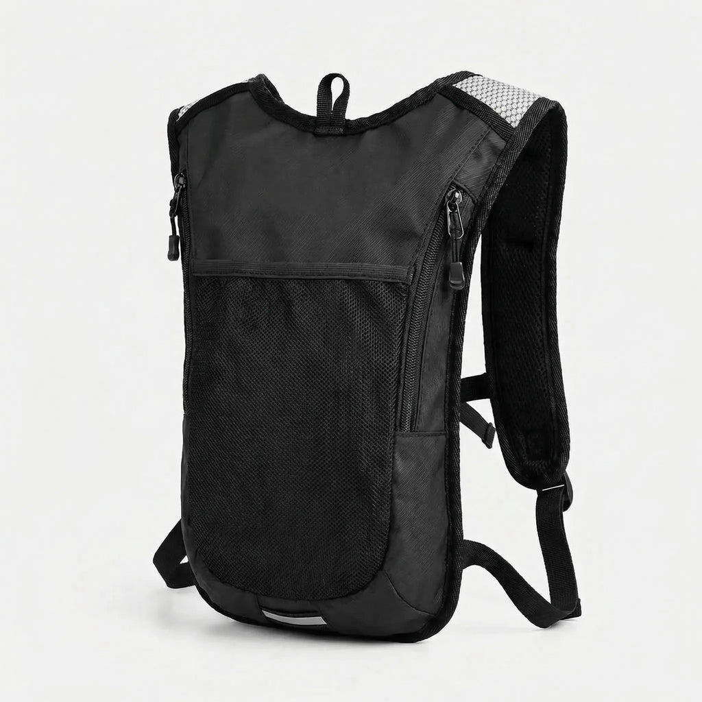 Black hydration backpack with translucent water bladder and blue drinking tube