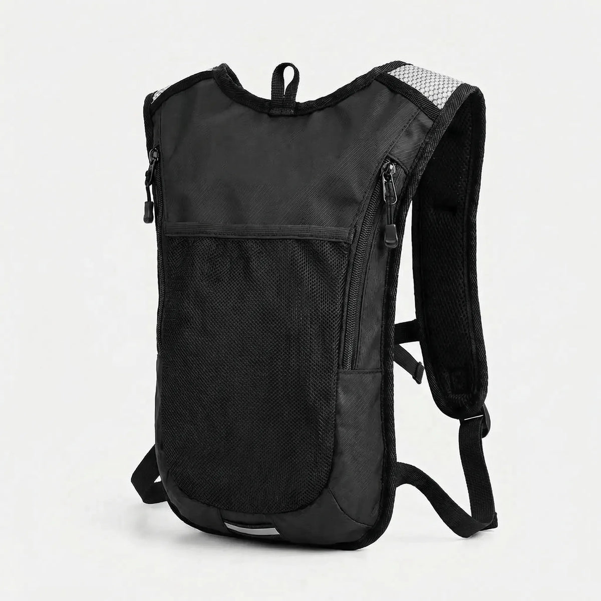 Black hydration backpack with translucent water bladder and blue drinking tube