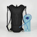 Black hydration backpack with translucent water bladder and blue drinking tube