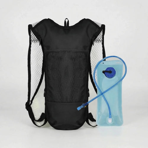 Black hydration backpack with translucent water bladder and blue drinking tube