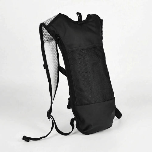 Black hydration backpack with translucent water bladder and blue drinking tube