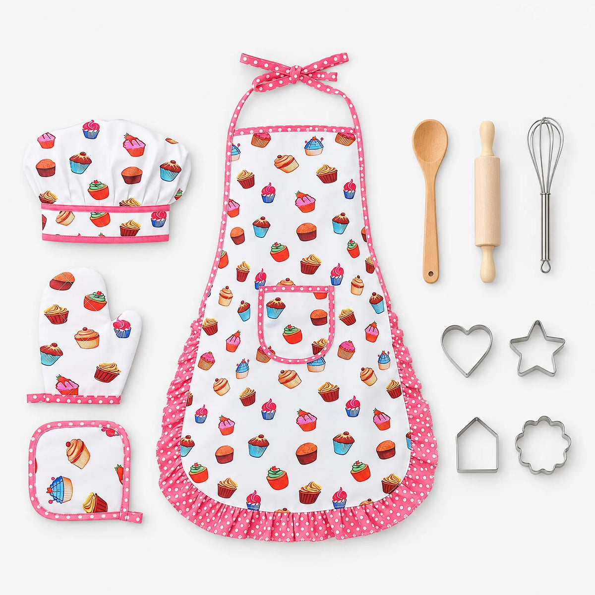 Children's baking set with cupcake print apron, chef hat, utensils and cookie cutters