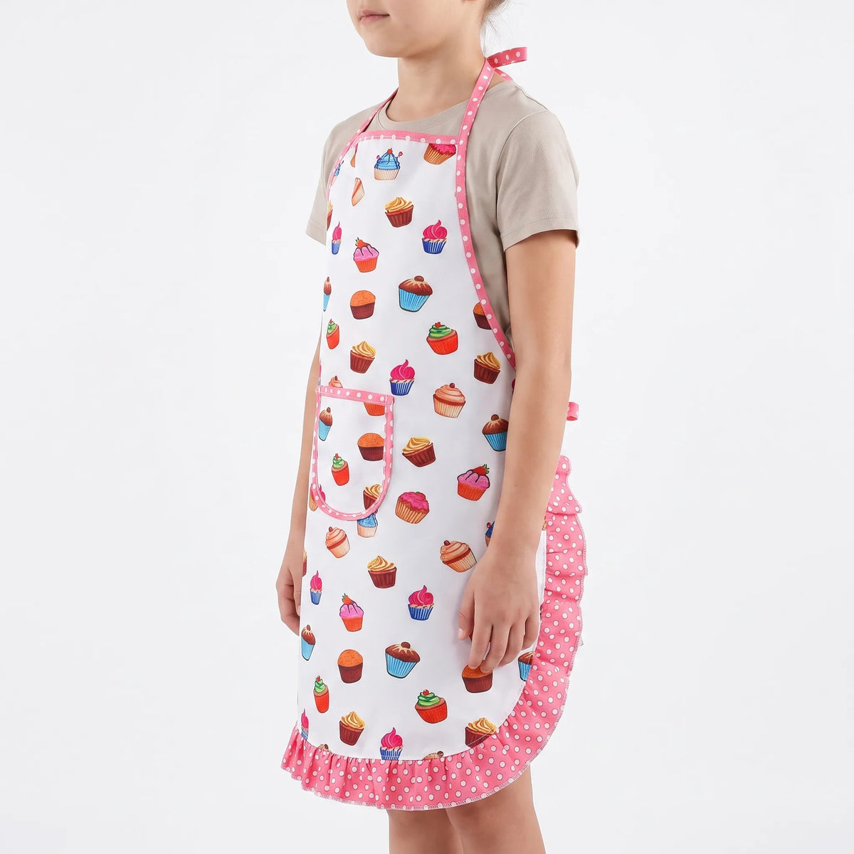 Children's baking set with cupcake print apron, chef hat, utensils and cookie cutters