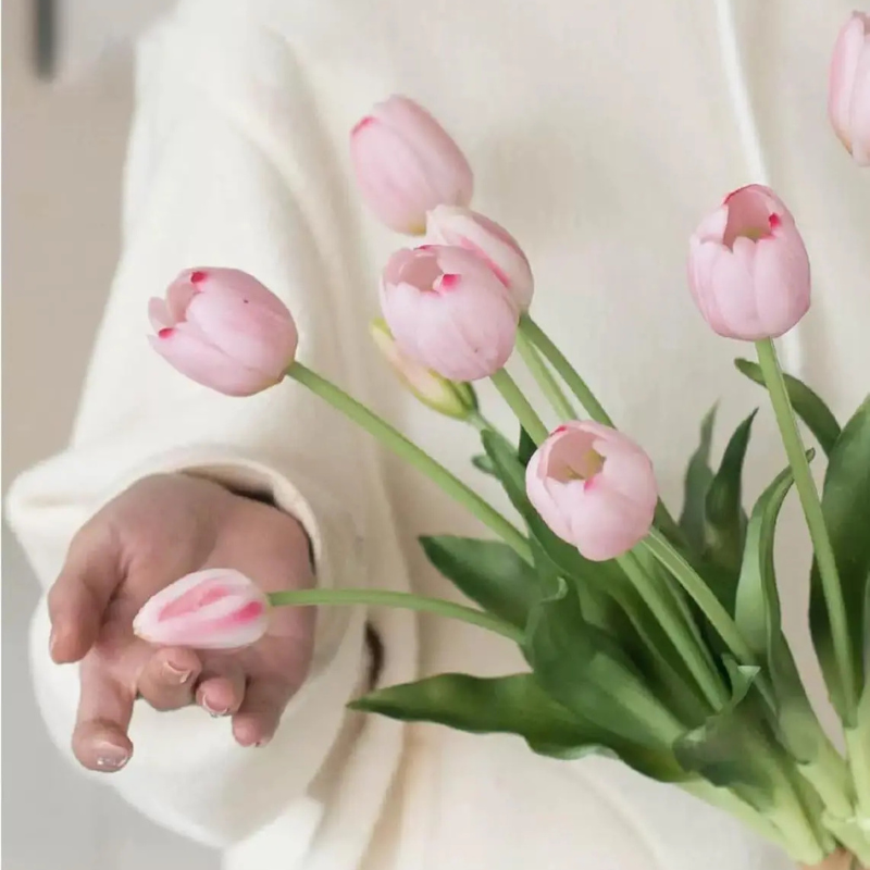 Artificial tulip bouquet with green stems and leaves