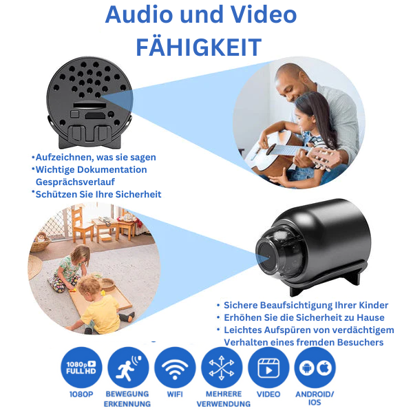 Compact black Full HD WiFi indoor security camera with lens