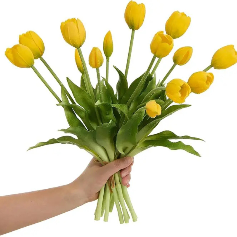 Artificial tulip bouquet with green stems and leaves