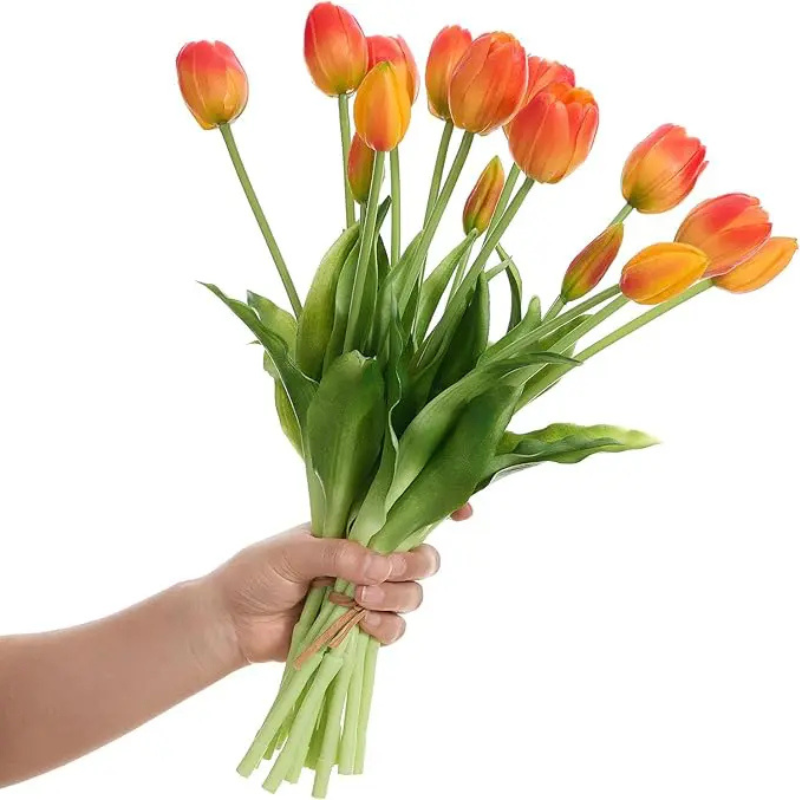 Artificial tulip bouquet with green stems and leaves