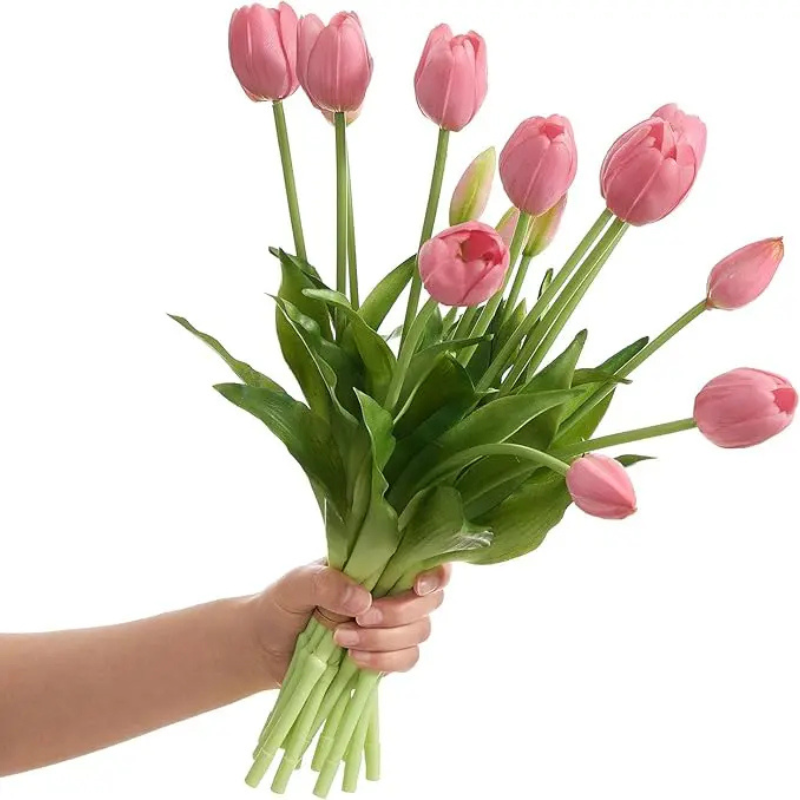Artificial tulip bouquet with green stems and leaves