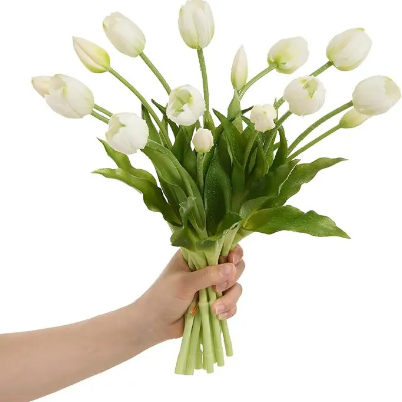 Artificial tulip bouquet with green stems and leaves