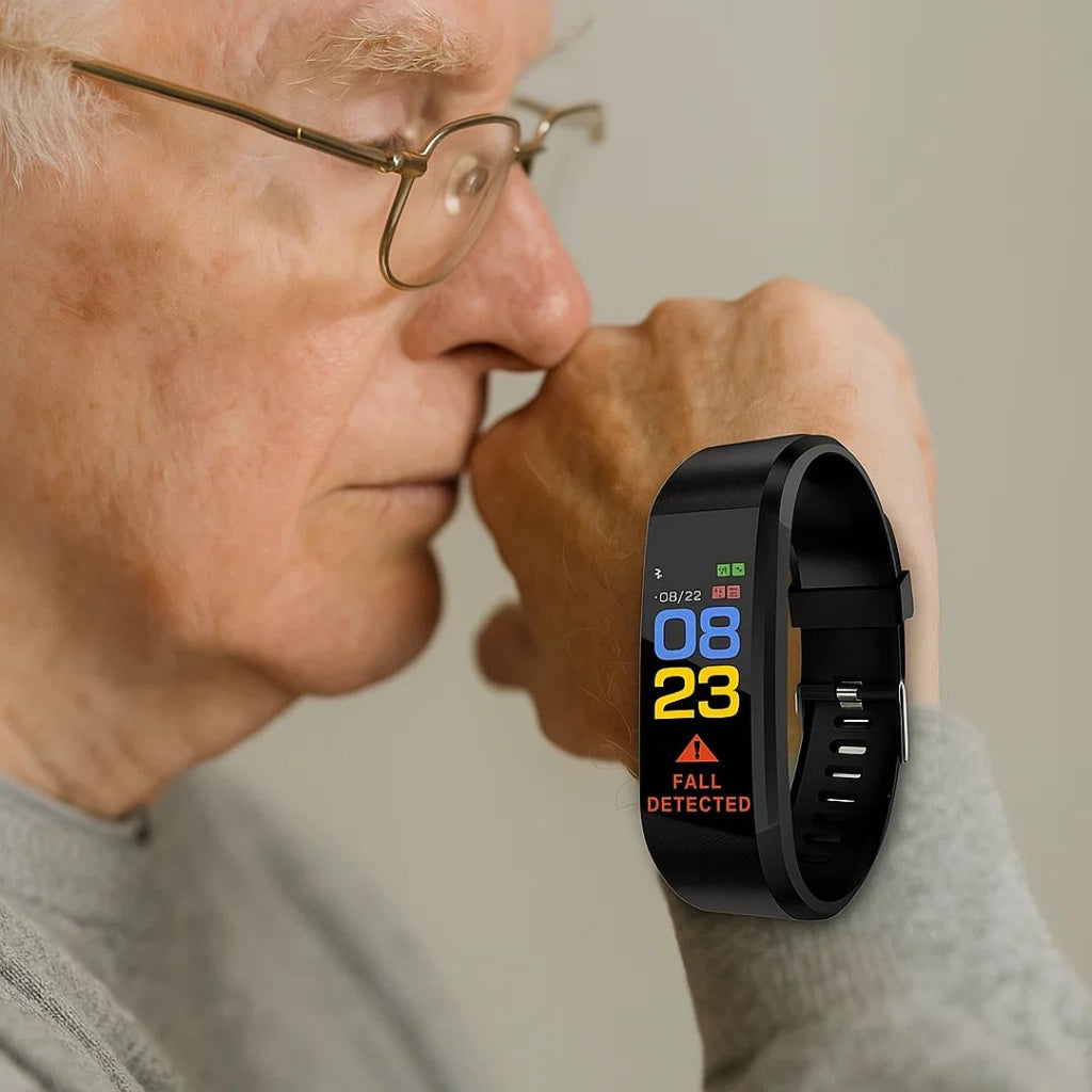 Senior safety smartwatch with digital display and adjustable wrist strap