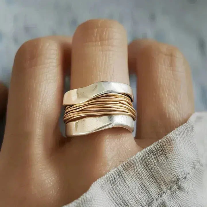 Silver finish ring with layered gold-tone wire detail