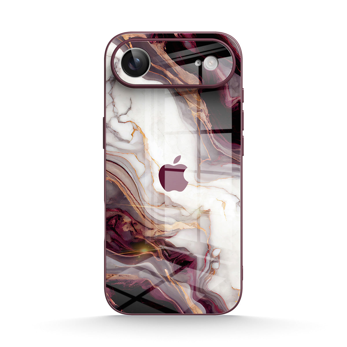 Burgundy iPhone glass case with abstract marble pattern and camera cutout