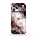 Burgundy iPhone glass case with abstract marble pattern and camera cutout