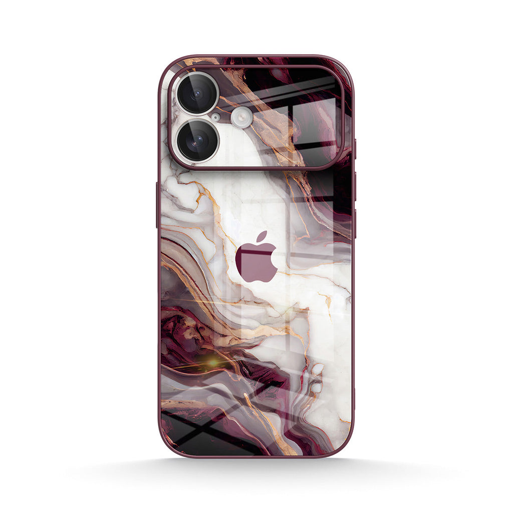 Burgundy iPhone glass case with abstract marble pattern and camera cutout