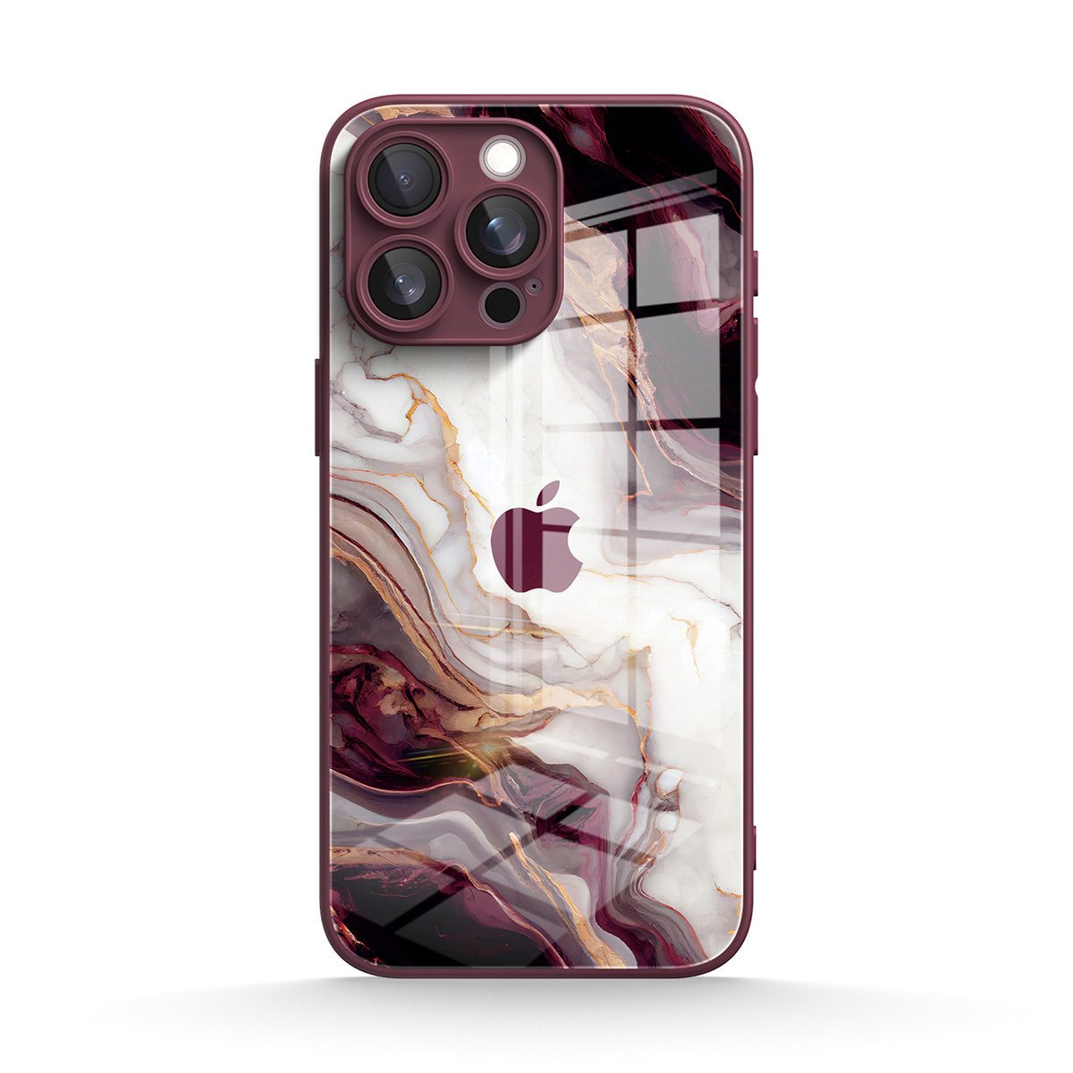 Burgundy iPhone glass case with abstract marble pattern and camera cutout