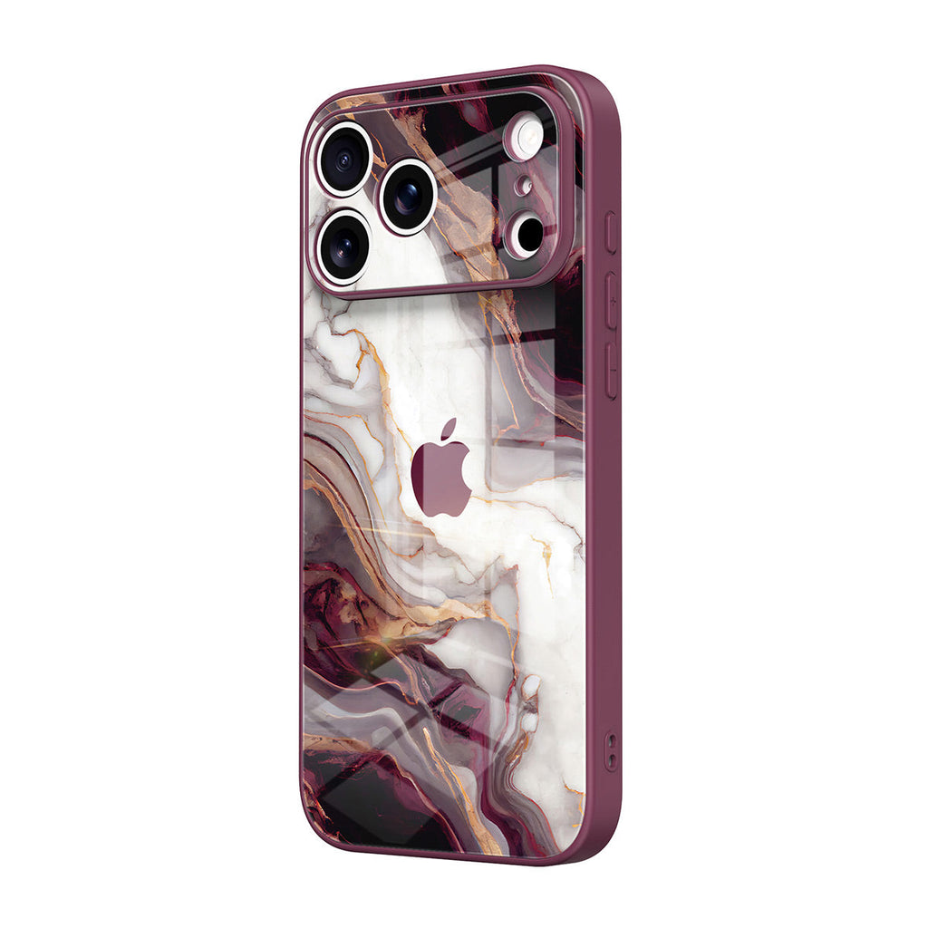 Burgundy iPhone glass case with abstract marble pattern and camera cutout