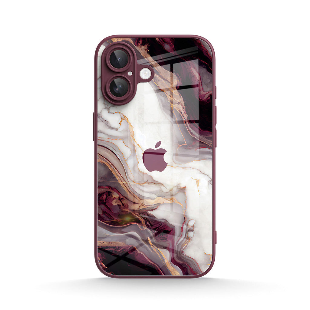 Burgundy iPhone glass case with abstract marble pattern and camera cutout