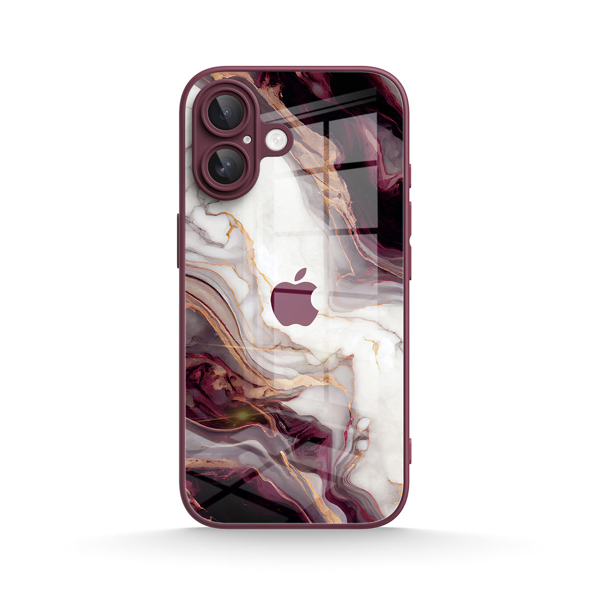 Burgundy iPhone glass case with abstract marble pattern and camera cutout