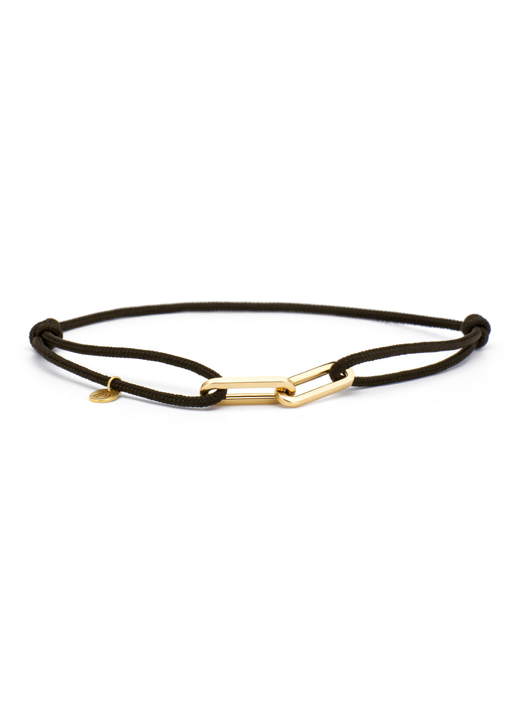 Black cord bracelet with yellow-gold-tone link closure and round charm