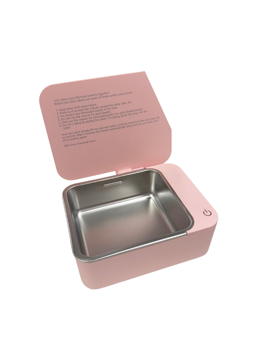 Pink ultrasonic jewellery cleaner with open hinged lid and stainless steel basin
