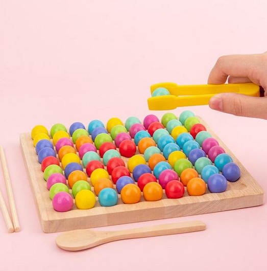Montessori counting and sorting board game with colourful beads and bowls