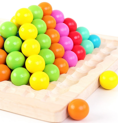 Montessori counting and sorting board game with colourful beads and bowls
