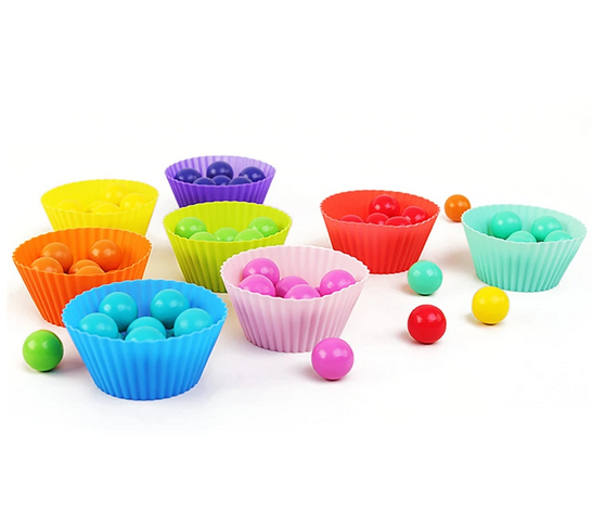 Montessori counting and sorting board game with colourful beads and bowls