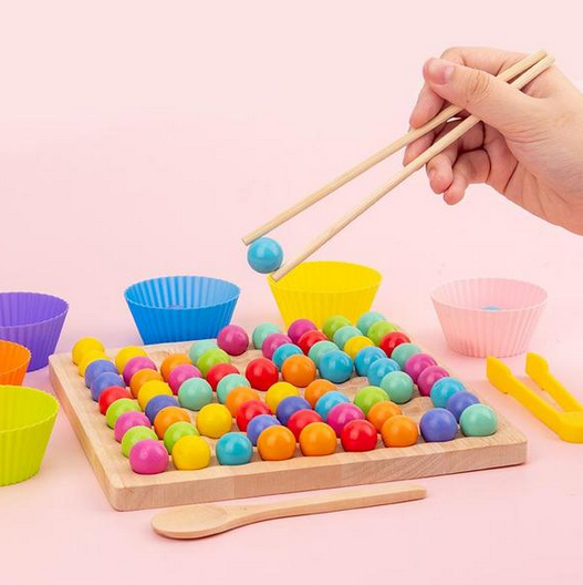 Montessori counting and sorting board game with colourful beads and bowls