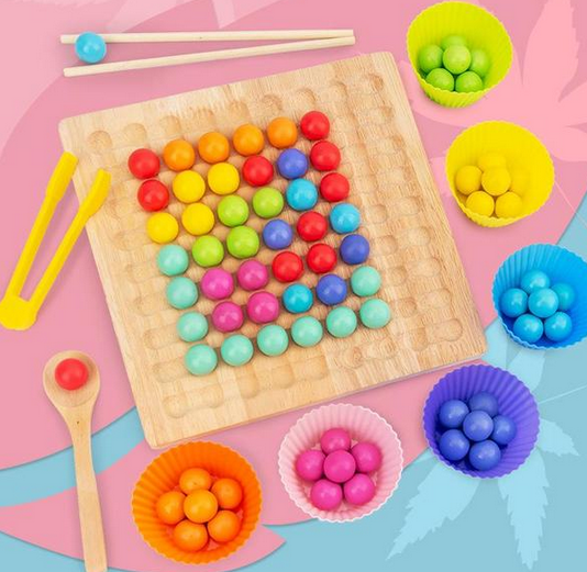 Montessori counting and sorting board game with colourful beads and bowls