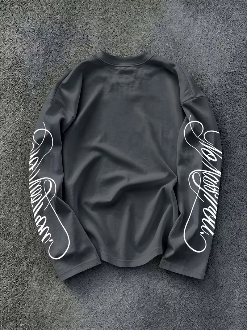 Long sleeve top with printed text on the chest and sleeves