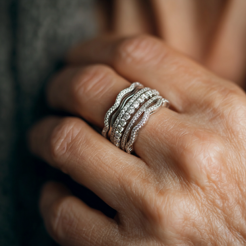 Silver-tone layered statement ring with clear stone detailing