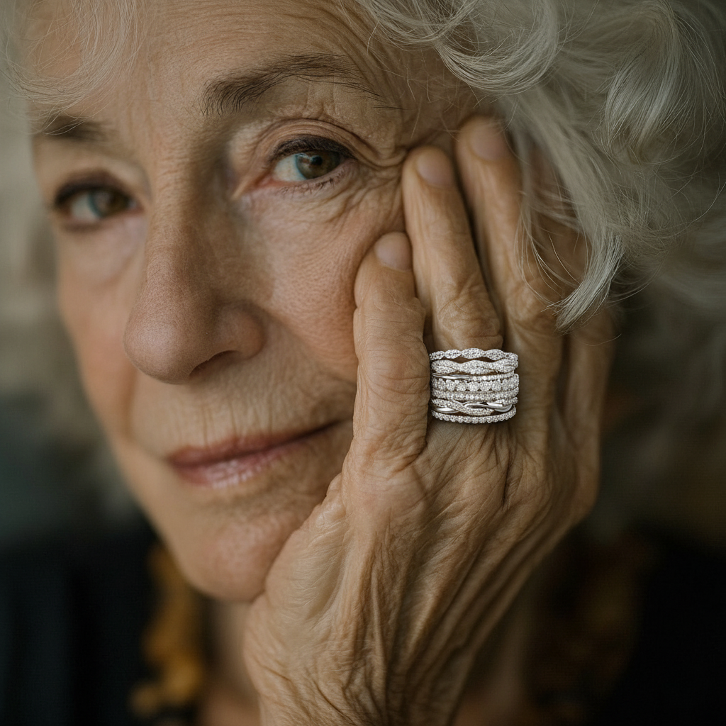Silver-tone layered statement ring with clear stone detailing