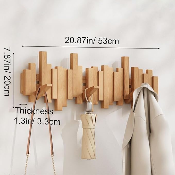 Piano-design wall mounted wooden coat rack with foldable hooks