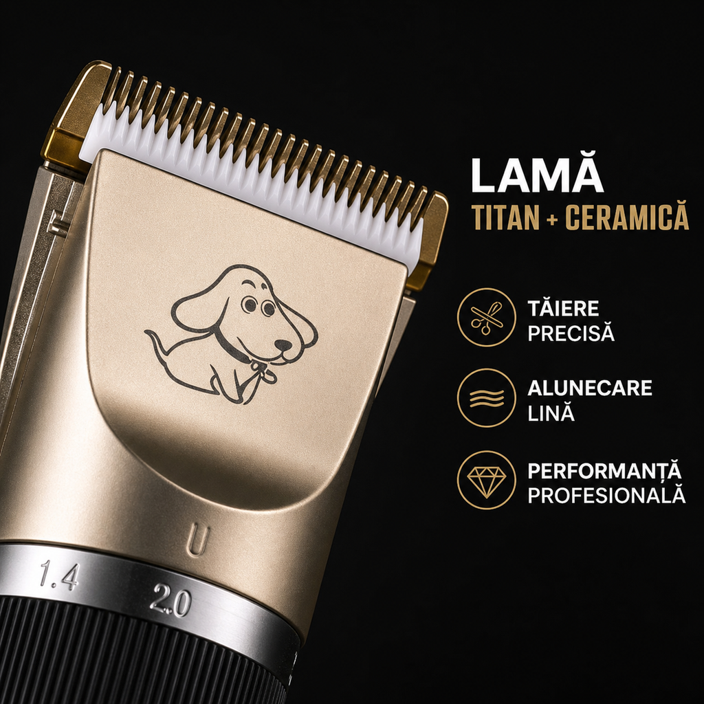 Black and gold cordless pet hair clipper with four guide combs and grooming accessories