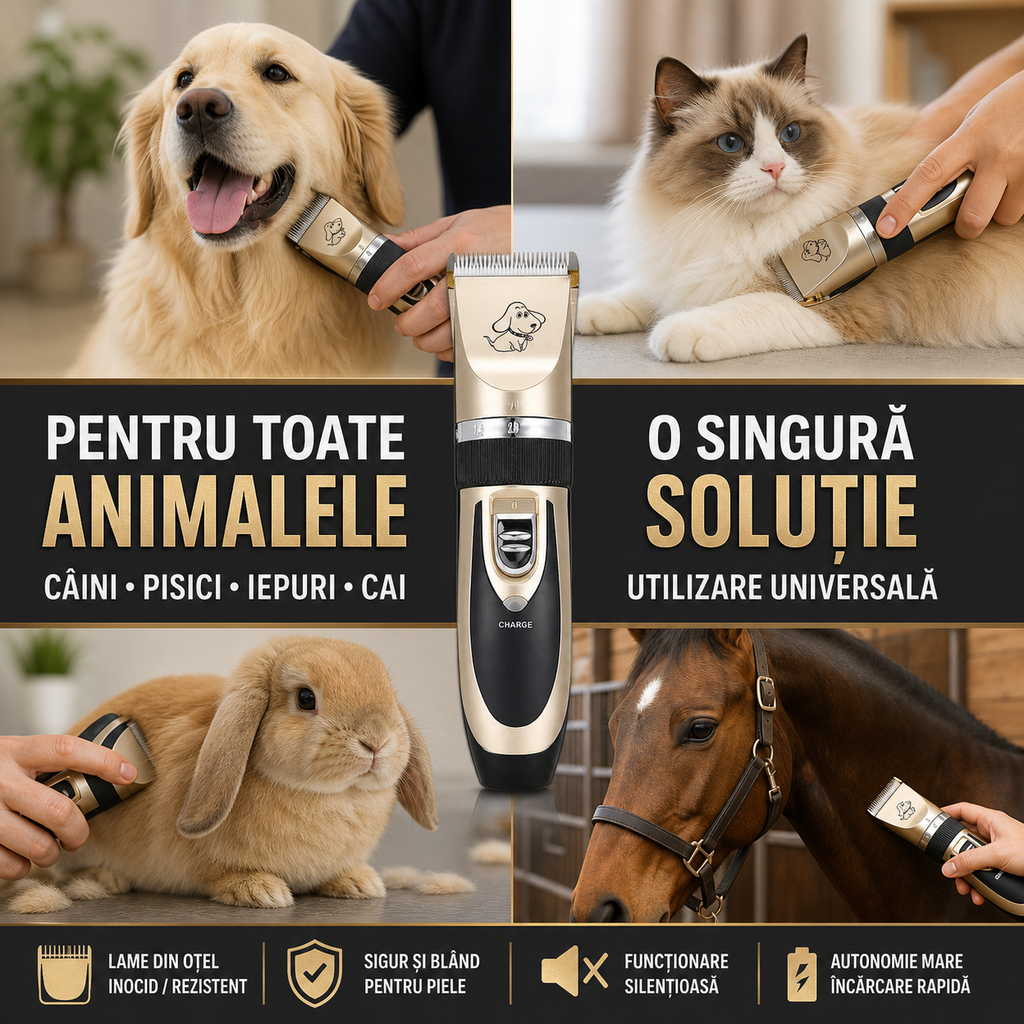 Black and gold cordless pet hair clipper with four guide combs and grooming accessories