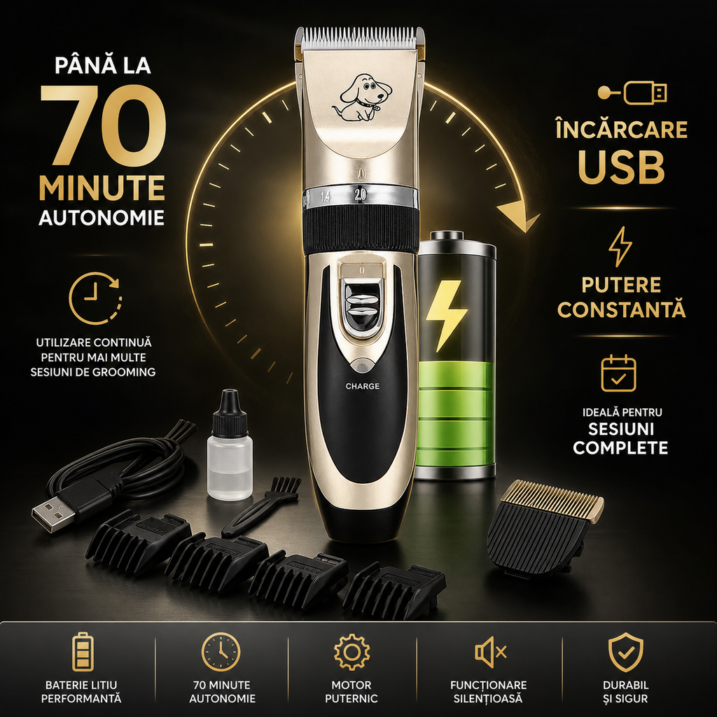 Black and gold cordless pet hair clipper with four guide combs and grooming accessories