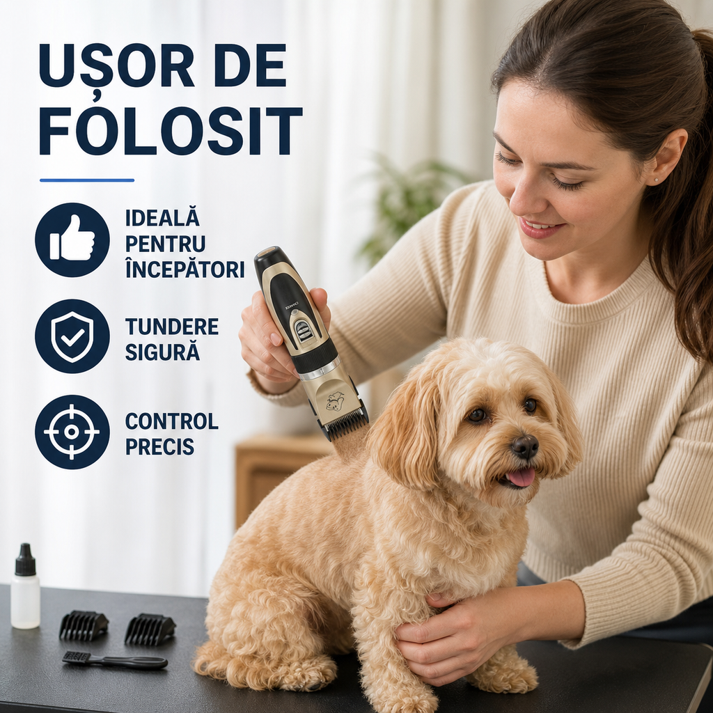 Black and gold cordless pet hair clipper with four guide combs and grooming accessories