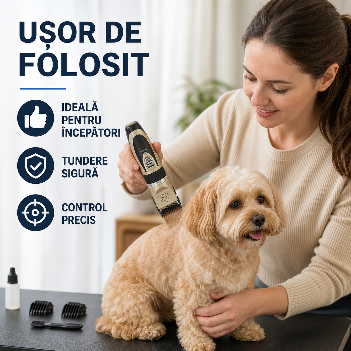 Black and gold cordless pet hair clipper with four guide combs and grooming accessories