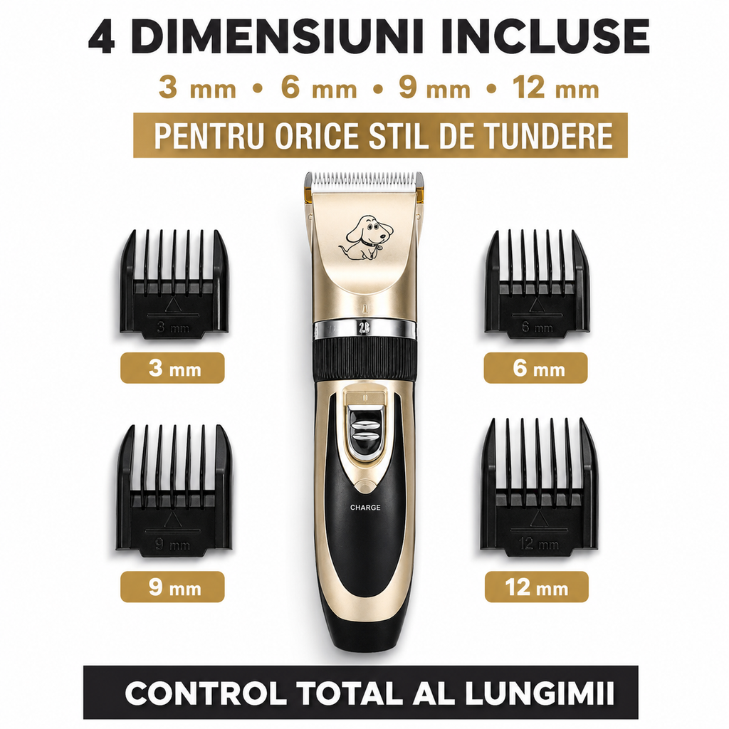 Black and gold cordless pet hair clipper with four guide combs and grooming accessories