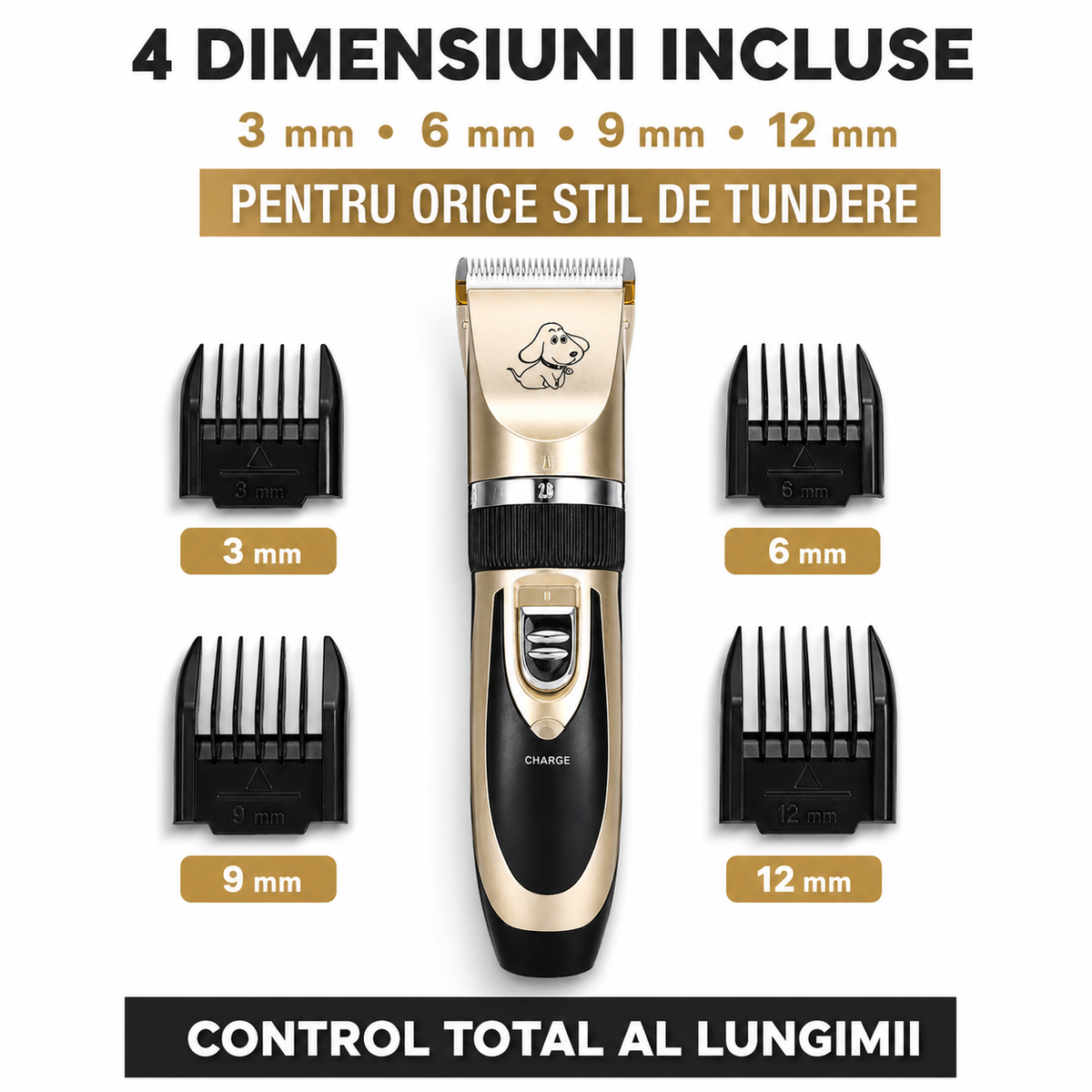 Black and gold cordless pet hair clipper with four guide combs and grooming accessories