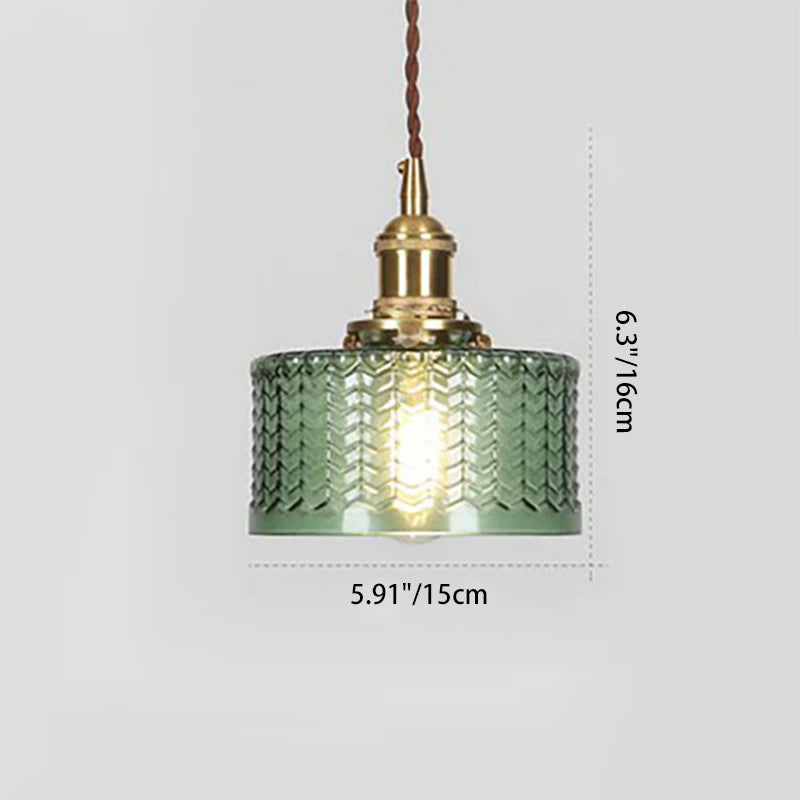 Round patterned glass pendant light with brass fitting and twisted cord