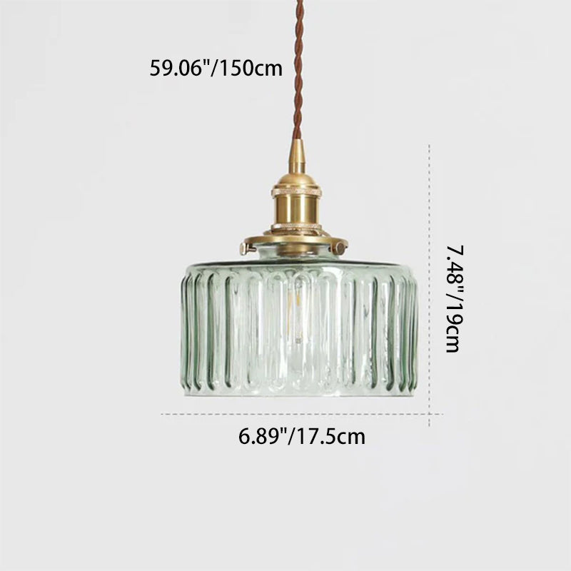 Round patterned glass pendant light with brass fitting and twisted cord