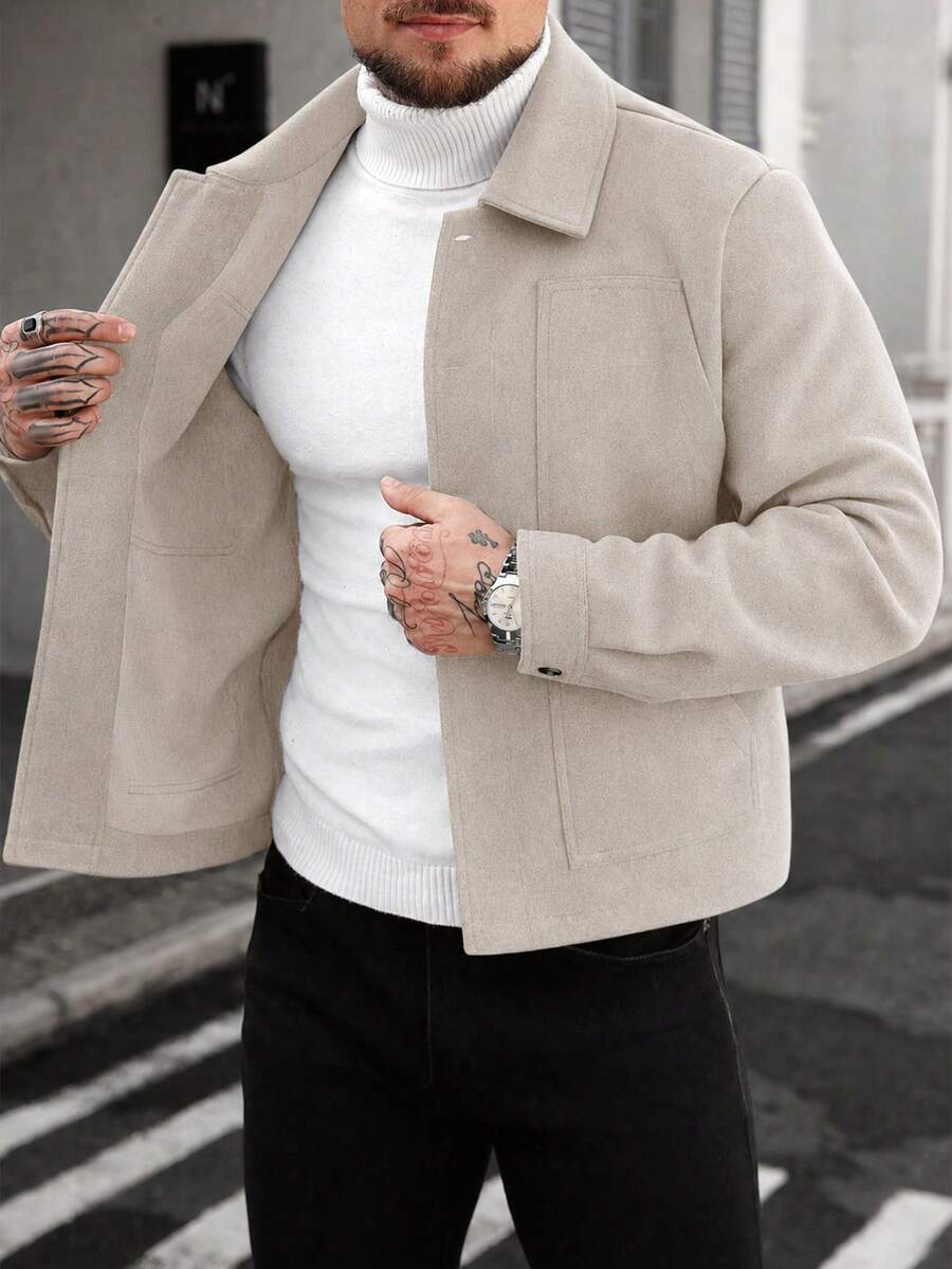 Collared bomber jacket with button front and utility pockets