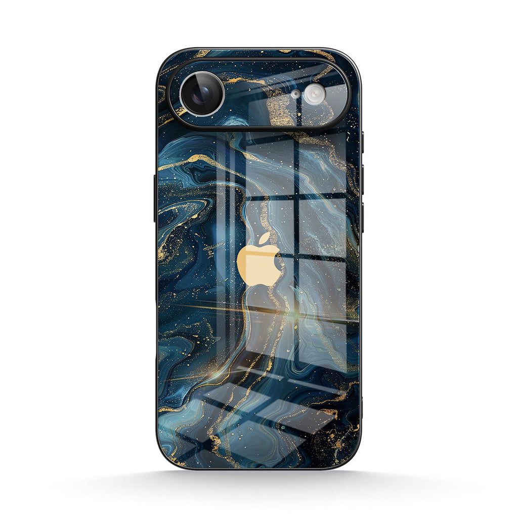 Blue abstract marbled iPhone case with glossy glass-effect finish