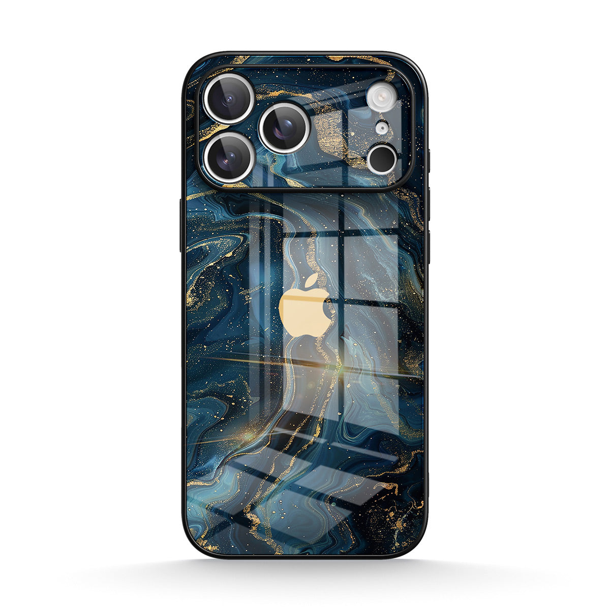 Blue abstract marbled iPhone case with glossy glass-effect finish