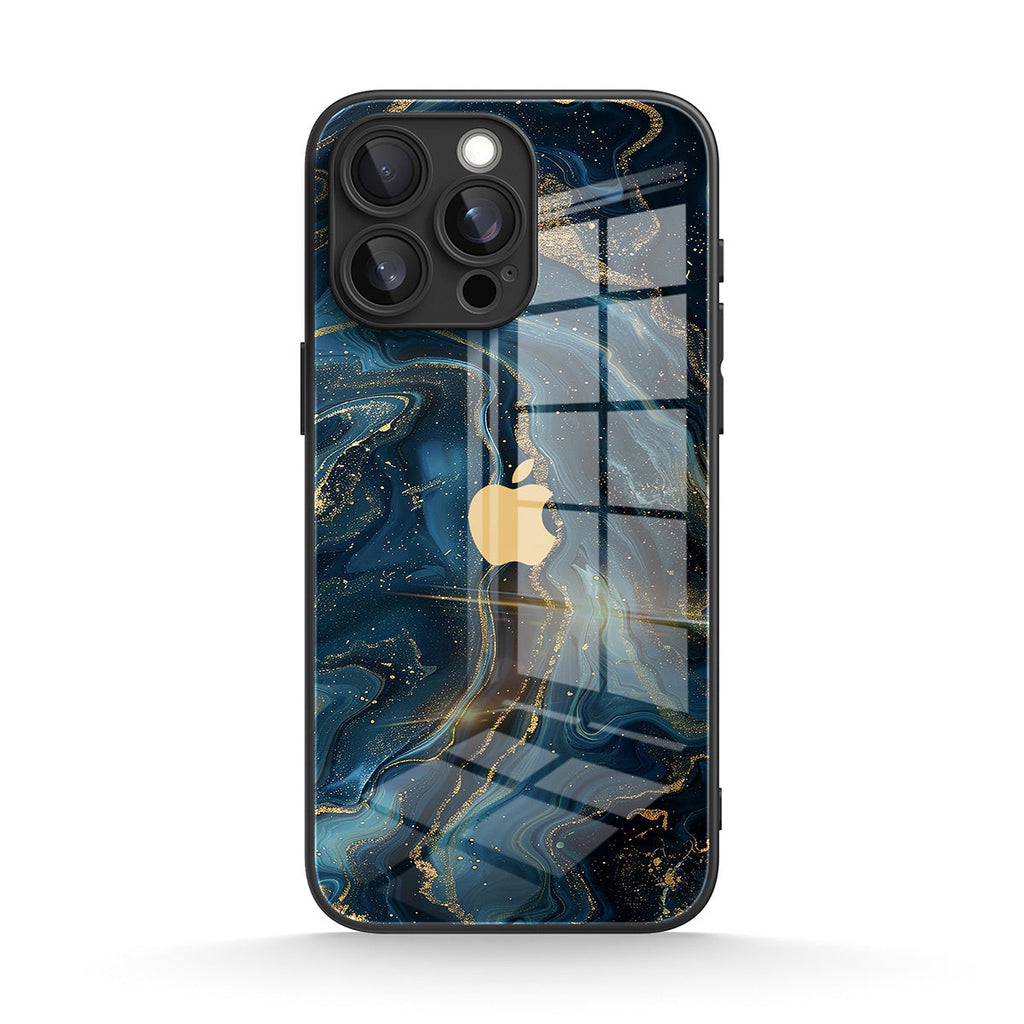 Blue abstract marbled iPhone case with glossy glass-effect finish